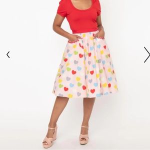 Unique Vintage Pink & Multicolor Hearts Print Susannah Swing Skirt Large 10/12